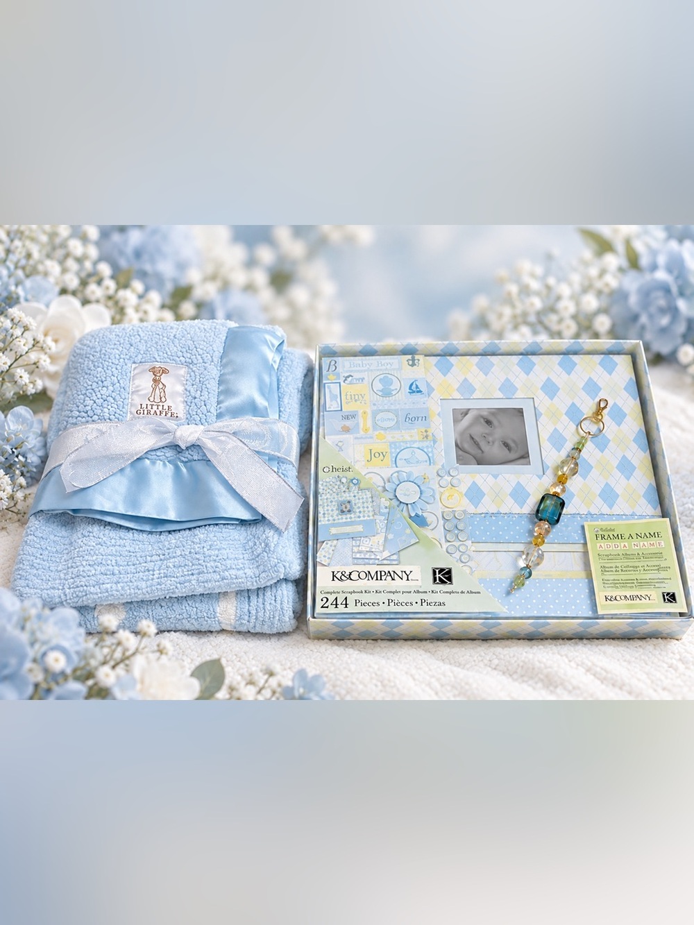 Babies Little Giraffe Blue Blanket Security Blanket & Photo Album Bundle Box